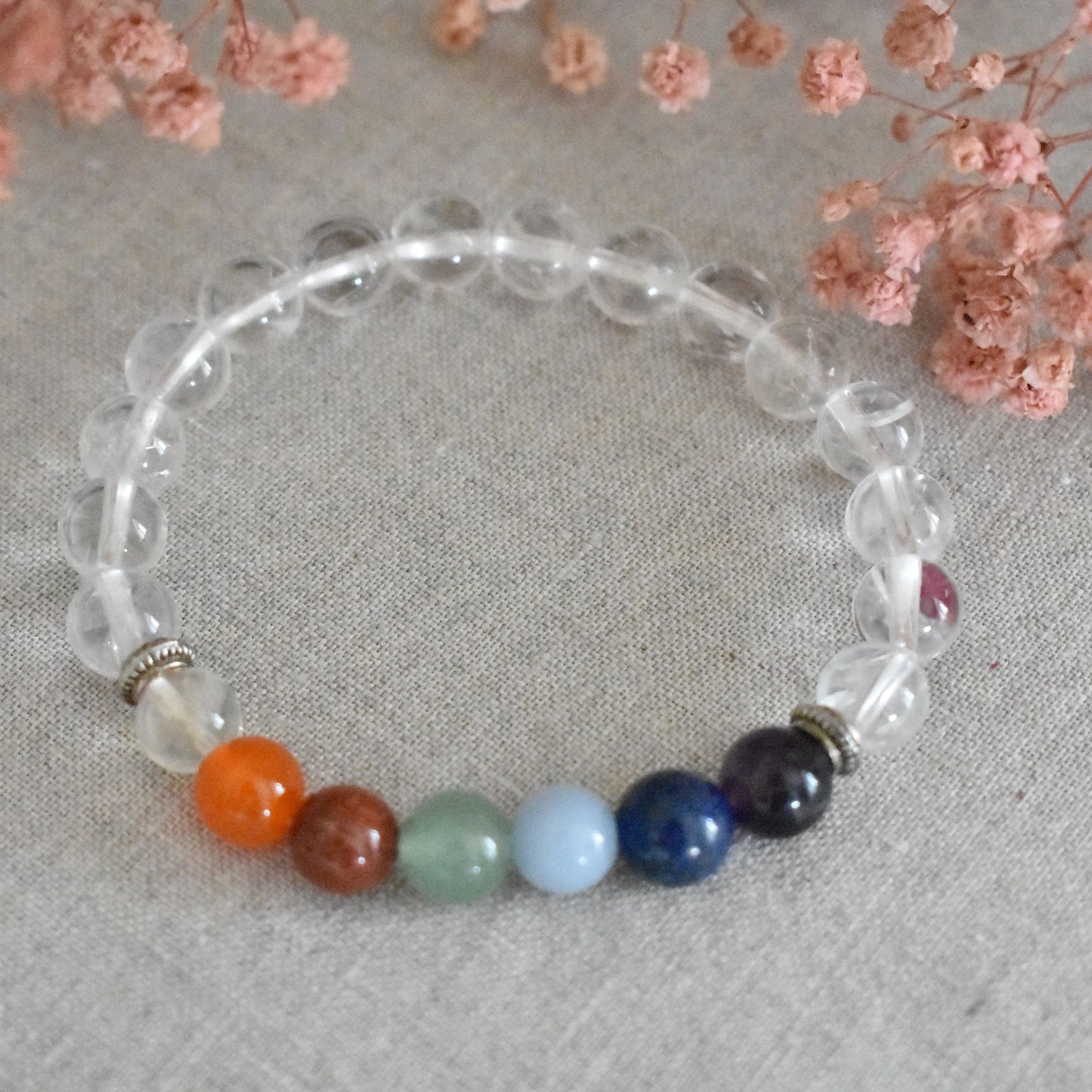 Bracelet cristal de roche 7 chakras 8 mm · Équilibre et clarté