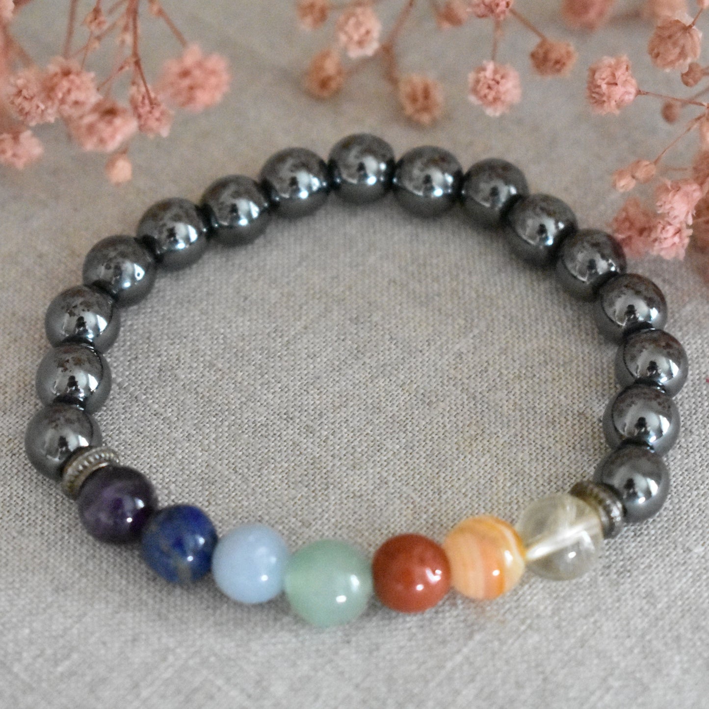 Bracelet hématite 7 chakras 8 mm · Ancrage et alignement intérieur