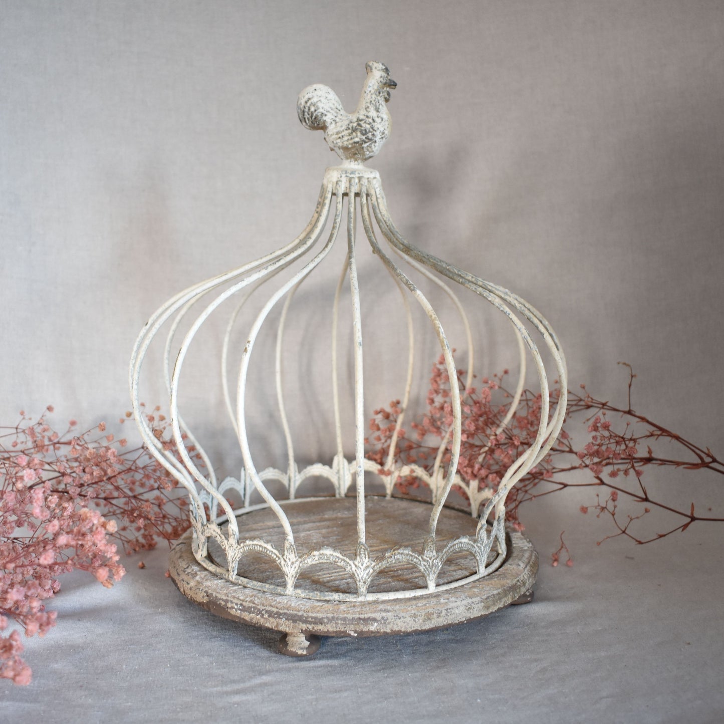 Cloche décorative shabby chic en métal vieilli et bois