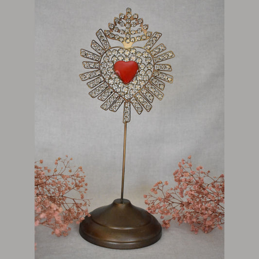 Ex-voto cœur sacré – métal patiné & cœur rouge – Chehoma