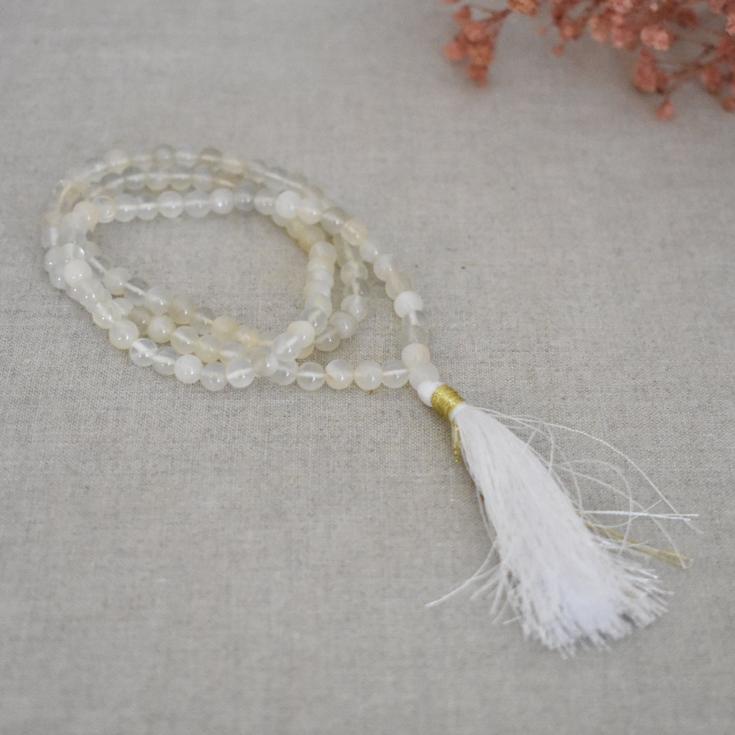 Mala pierre de lune blanche 108 perles – Pureté et apaisement